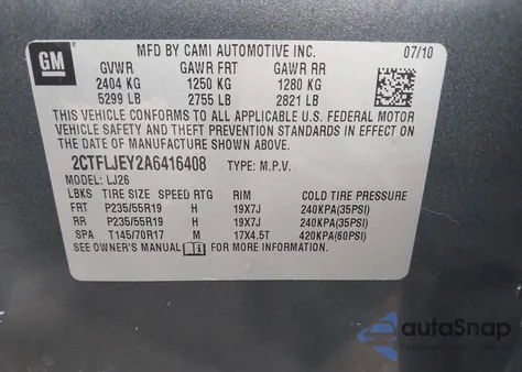 2010 GMC Terrain Slt-2 z USA, uszkodzony, nr VIN 2CTFLJEY2A6416408